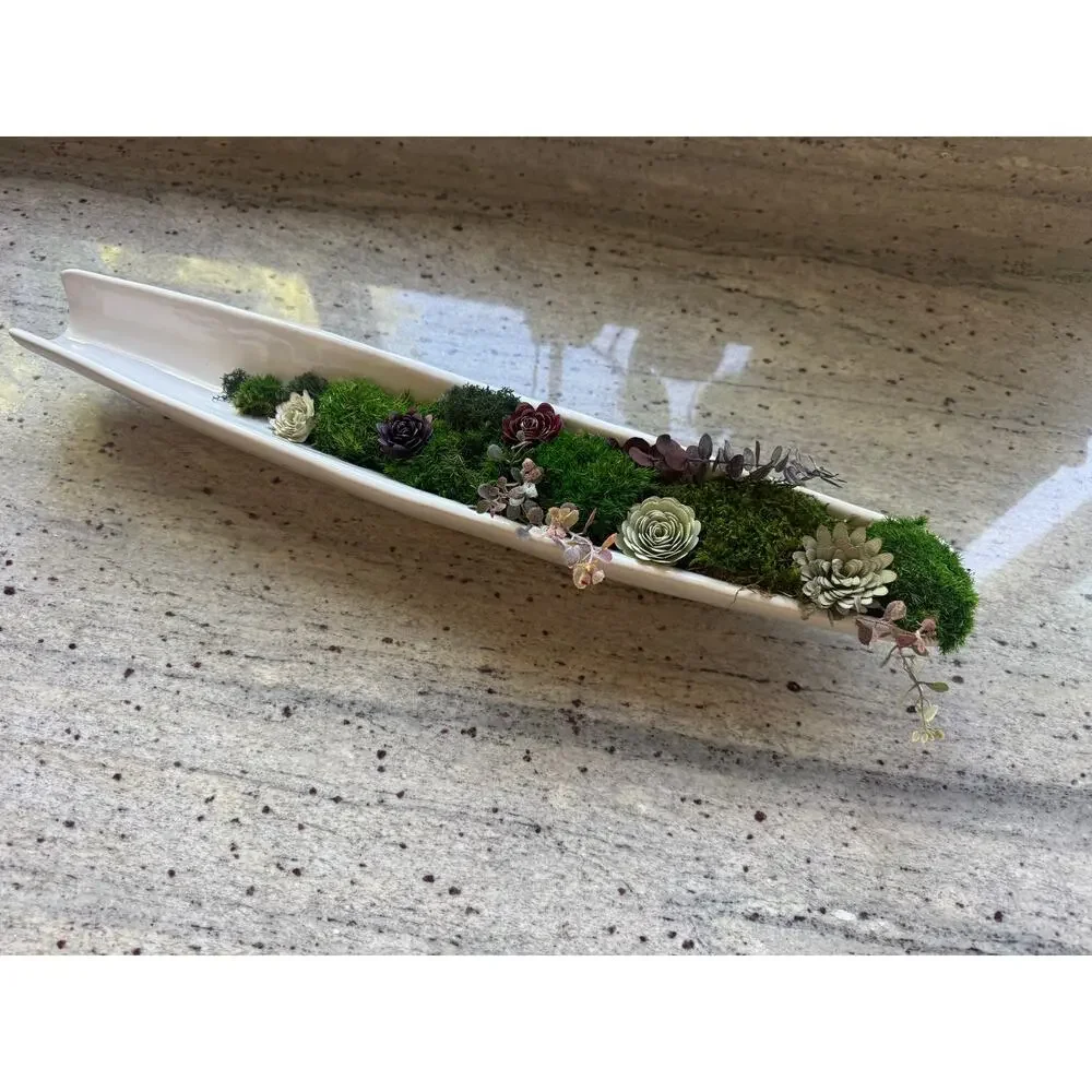 Handmade Preserved Moss & Paper Succulent Centerpiece: Long White Ceramic Tray